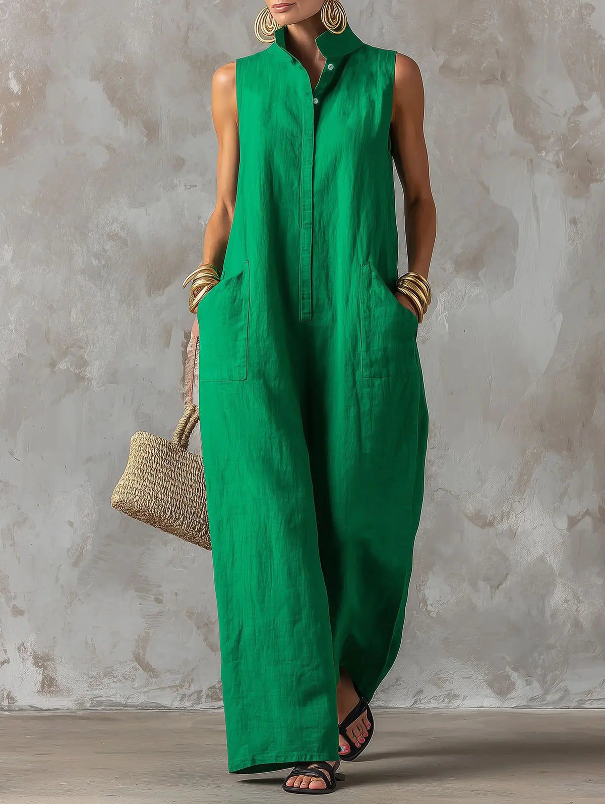 Women's Elegant Sleeveless Loose Jumpsuit New Stand Collar Button Romper Fashion Casual Summer Beach Vacation Boho Jumpsuits