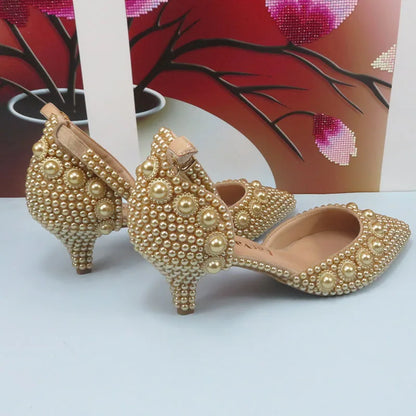 Champagne Pearl Wedding Bridal Shoes Woman Fashion Thin Heel Party Dress Shoe Lace-up Pointed Toe High Handmade Ankle Strap Shoe