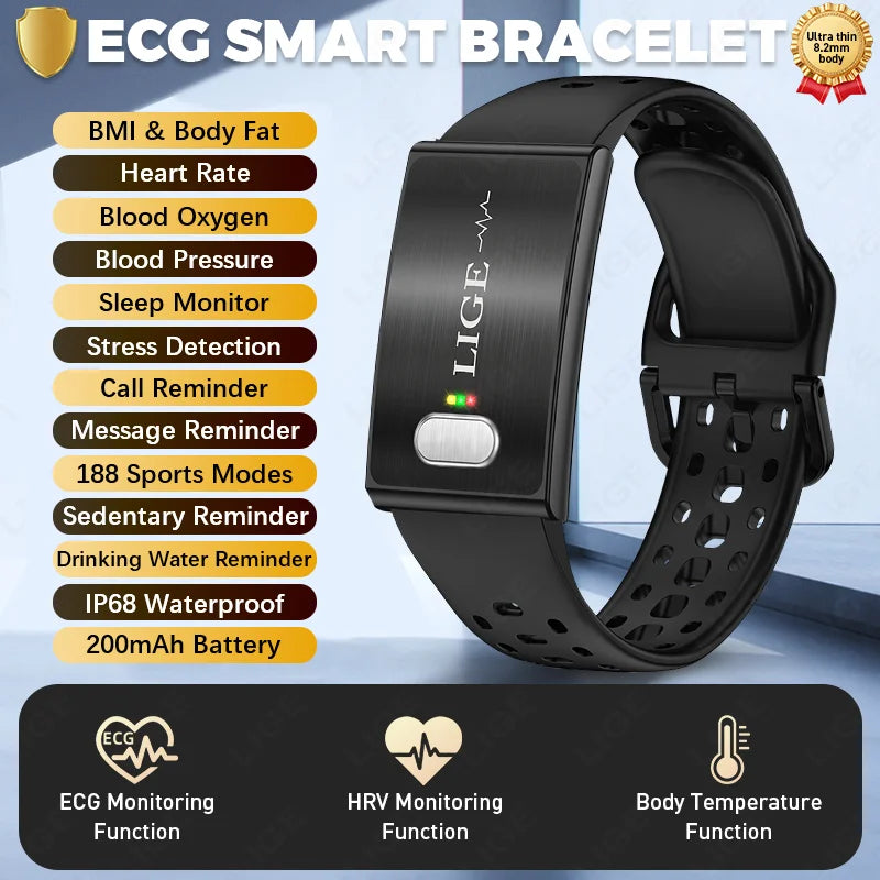LIGE 2026 ECG+PPG Nursing Grade Smart Bracelet HRV Body Fat BMI Blood Pressure Body Temperature Men Women Health Sports Watches