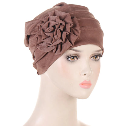 Muslim Fashion Solid Color Women Hijab Turban Beanie Hat Wth Flower Chemo Headwear Elastic Head Wrap Cap