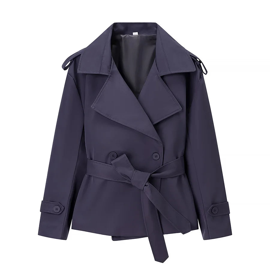 Aliexpress's Best-selling Cross-border European and American Style Women's Solid-color Belted Short Jacket Trench Coat Fashion