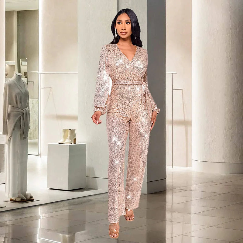 Uoozee Women's Deep V-Neck Sequins Club Jumpsuits Long Puff Sleeve Tie Waist Straight-leg Party Evening One Piece Outfits 2026