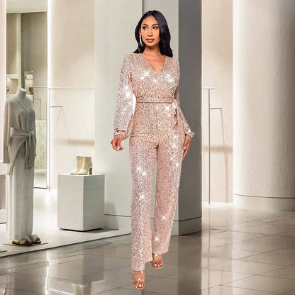 Uoozee Women's Deep V-Neck Sequins Club Jumpsuits Long Puff Sleeve Tie Waist Straight-leg Party Evening One Piece Outfits 2026