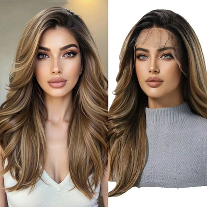 13*6 Lace Front Synthetic Wigs for Black Women Brown Copper 26 Inches Long Wavy Curly Wigs With Baby Hair Natural Hairline Wigs