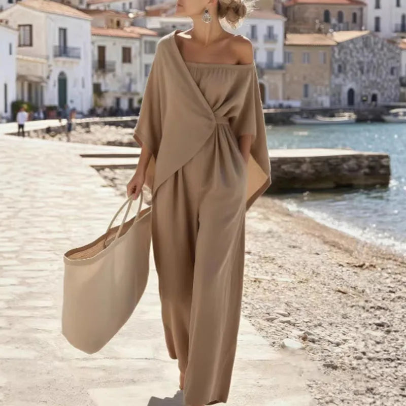 Fashion Streetwear Jumpsuits for Woman Spring Off Shoulder Batwing Sleeve Wrap Tie Waist Rompers Elegant Wide Leg Overalls Mujer