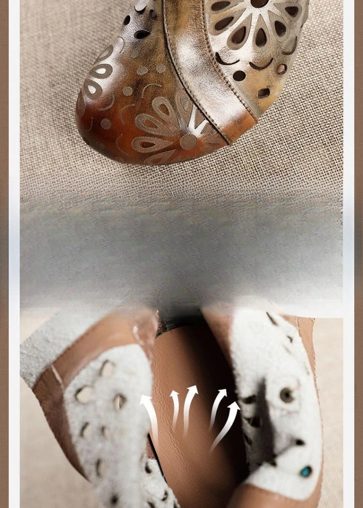 Myjyjz 6cm Genuine Leather Chunky Heels Hollow Women Shoes Ethnic Ankle Boots Zip Summer Pumps Flower Sandals (Size Runs Small）