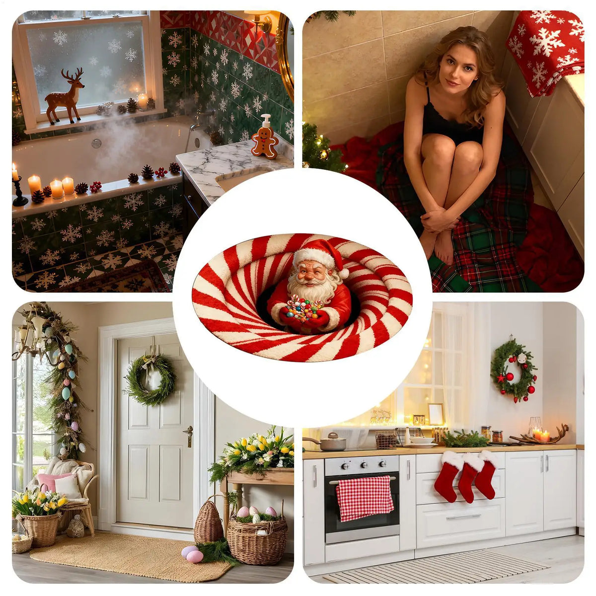 Christmas Rugs Indoor Optical Illusion Santa Claus Anti-Slip Area Rug Christmas Decorations For Living Room Entryway Office Dorm