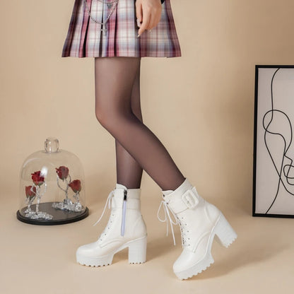 SIMLOVEYO Mortorcycle Ankle Boots Buckles Round Toe 9cm Block Heel Lace Up White Black Big Size 42 43 US12 Fashion