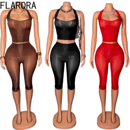 FLARORA Sexy Mesh See Through 2 Piece Sets Woman Halter Crop Tank Tops And Skinny Capri Pants Hottie Midnight Party Club Suits