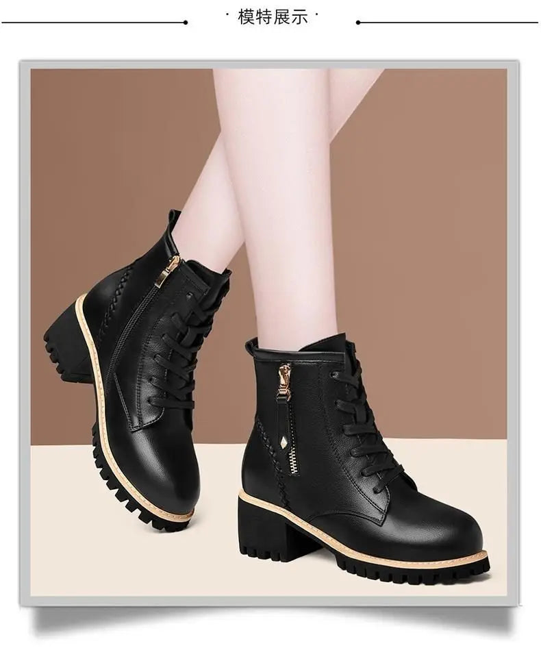 Women Shoes Boots Ankle 2022 New Autumn British Wind Genuine Leather Thick With Fur Ladies Short Boots Motorcycle heels boots