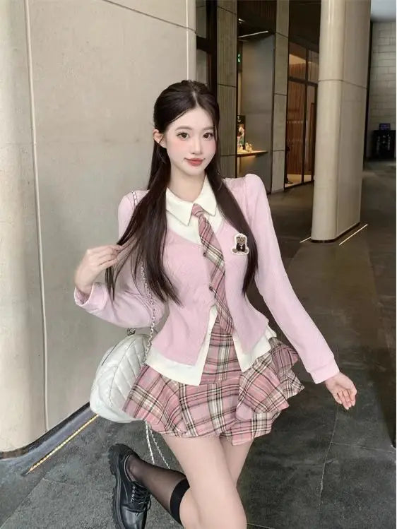 Autumn Korean Style Girl JK  Two Piece Set  high-waisted Plaid Skirt And Faux two-piece Shirt Women Fashionalbe Jk Uniform Set