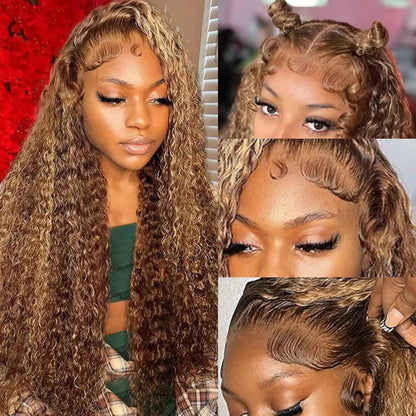 30 Inch 250 Density Highlight Honey Brown Curly Lace Front Human Hair Wigs 13x6 13x4 Ombre Colored Deep Wave Lace Frontal Wig