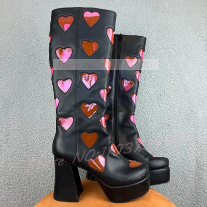Cutout Heart Window Platform Knee High Boots Women Pink PVC Hollow Round Toe Block Heels Shoes Lady Y2K Street Fashion Boots