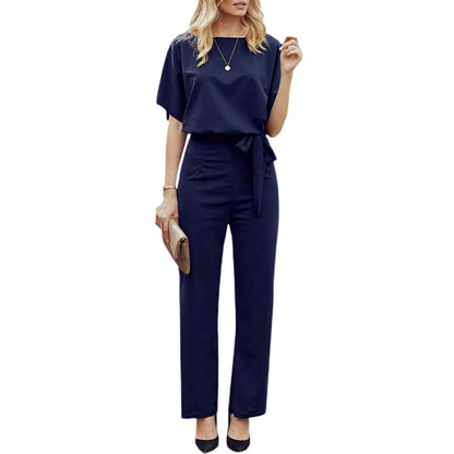 Women's clothing summer 2024 Jumpsuit, Elegant Short Sleeve Hollowed Waist Tie Solid Summer Wide Leg Pants