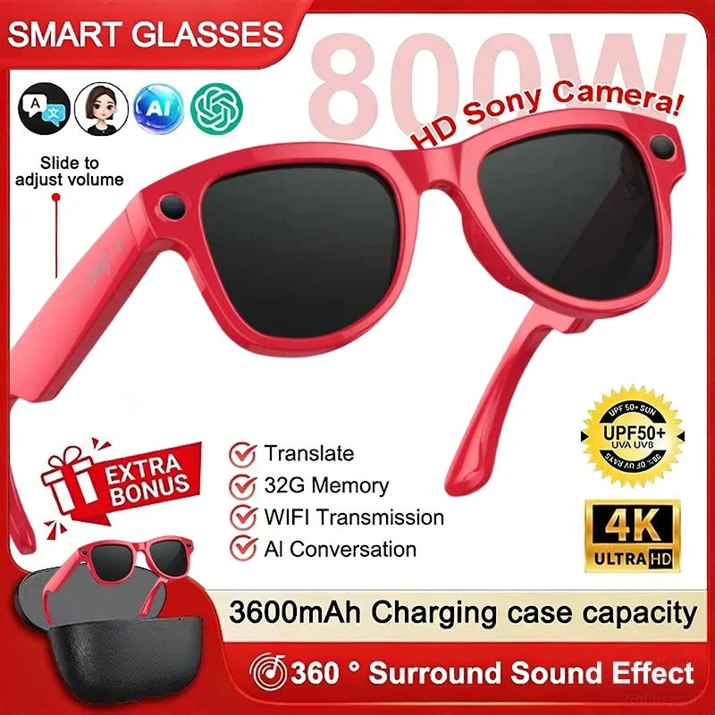 2026 AI Smart Glasses M02 Ultra 1080P HD Camera ChatGPT 3600mAh Charging Case Power Bank 32GB Translation Music Video Sunglasse