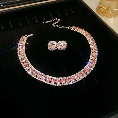 FYUAN Luxury Crystal Necklace Earrings Set Pink ABcolourful Necklace for Women Weddings Party Jewelry Sets Accessories