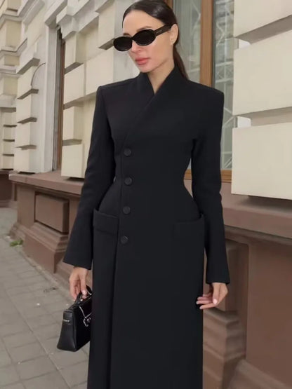 HH Woman Winter Fashion Single-breasted Long Sleeves Waist Long Coat Female Stand-up Collar Pockets Warm Solid Woolen Coat