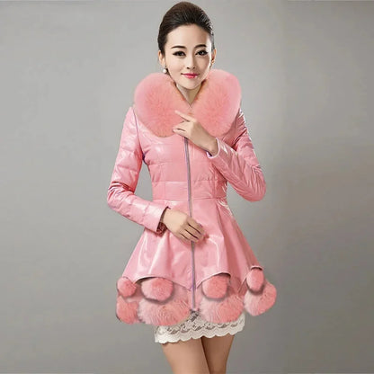 2026 Women Winter Jacket Coat Fashion Leather Cotton Coat Parker Mid Long Imitation Fox Fur Hooded Slim Warm PU Leather Overcoat