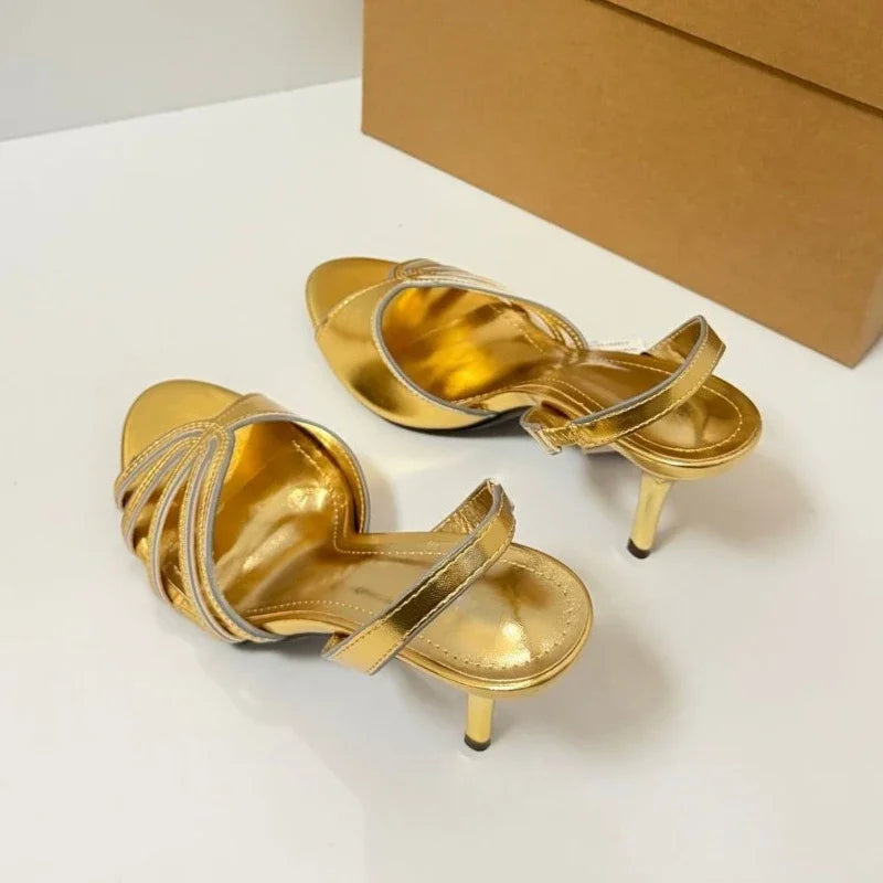 Luxury Gold High Heeled Sandals Women Summer Open Toe Hollow Ankle Strap High Heels for Ladies Elegant Wedding Bridal Shoes