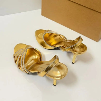 Luxury Gold High Heeled Sandals Women Summer Open Toe Hollow Ankle Strap High Heels for Ladies Elegant Wedding Bridal Shoes