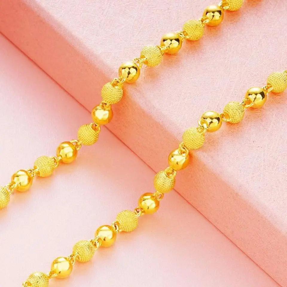Unisex 24K Gold (AU999) 6mm Matte Sandblasted Bead Necklace | Liquid metal beads, gold-inlaid clasp with minimalist symbols