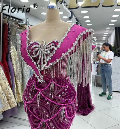 Floria Elegant Fushia Mermaid Evening Party Dress Sparkly Tassel Crystal Woman Formal Dresses Prom Gala vestido noche Customized