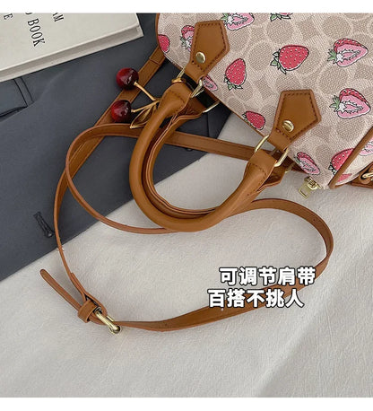 2026 Luxury Designers Crossbody Bags Cherry Pattern PU Leather Boston Handbag Shoulder Bags Bolsos Mujer Bags Woman Tote Bag