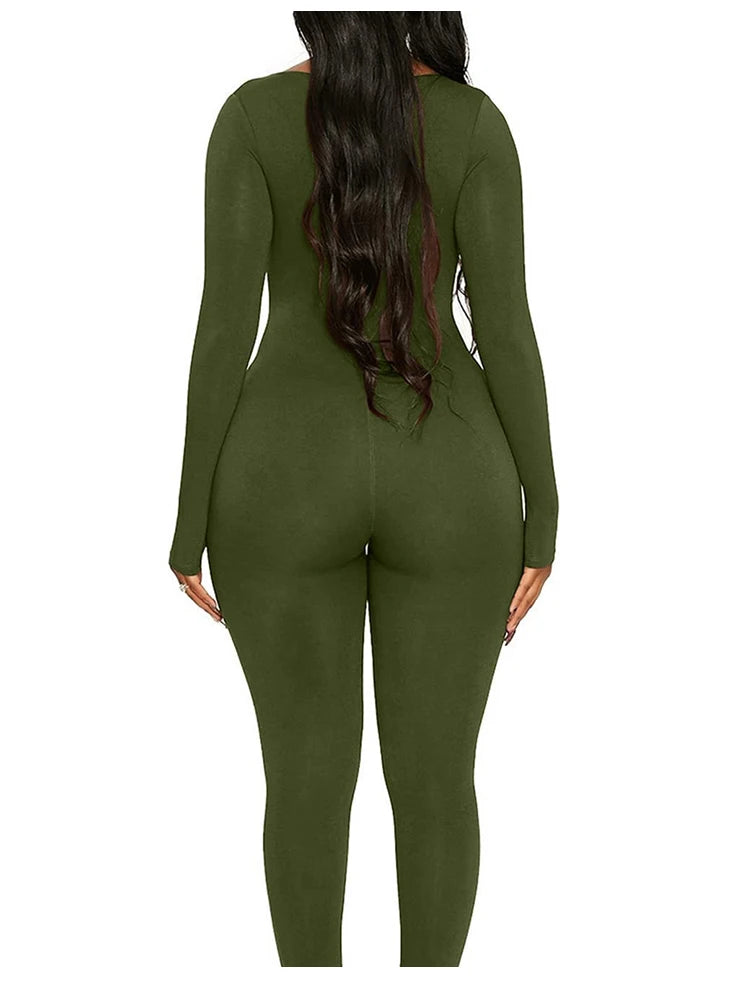Spring Summer New Women's Long Sleeve Solid Color Skinny Jumpsuit Fashion Sports Fitness Pullover Casual Wear