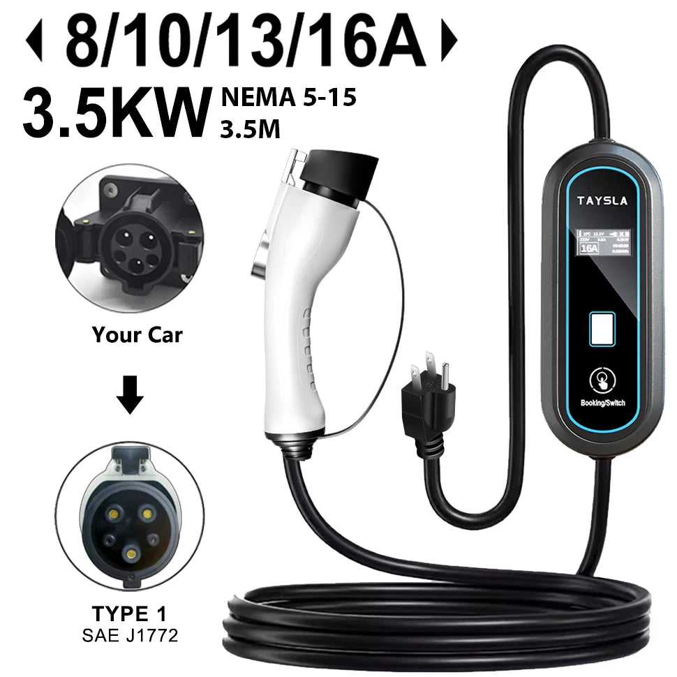 TAYSLA 3.5KW 16A Portable EV Charger NEMA 5-15 Plug TYPE1 SAE J1772 TYPE2 GB/T Electric Car Charger for BYD Geely EX2 Changan