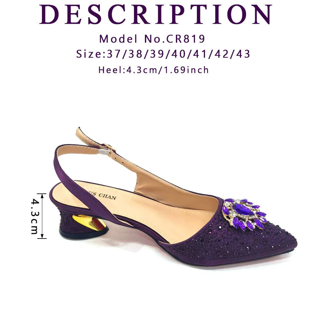 Purple 2024 Italian Design Girly Style Opend Toe Shoes And Bag Full Diamond Decoration with Appliques for Wedding Party