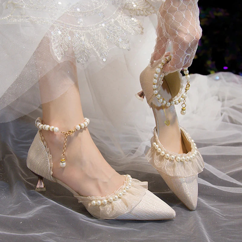 Elegant Pearl Weddings Bridal Pumps for Women 2026 Summer Silk Ankle Straps High Heels Shoes Woman Pointed Toe Dress White Shoes