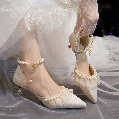 Elegant Pearl Weddings Bridal Pumps for Women 2026 Summer Silk Ankle Straps High Heels Shoes Woman Pointed Toe Dress White Shoes