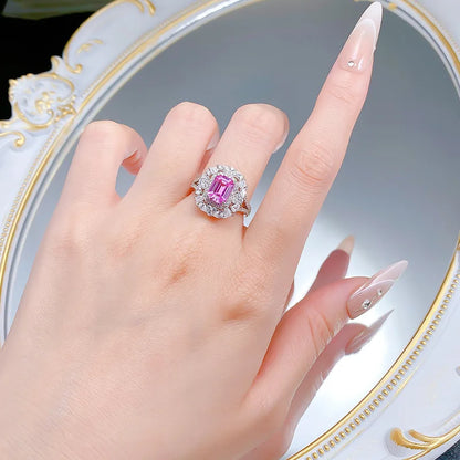Luxury 18K white Solid Platinum PT950 certifid rectangular 6*8mm pink sapphire culture ring with multi-shaped diamond surround