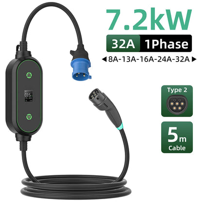 EVESLink 7KW Type2 Portable Electric Vehicle Charging GBT 32A 1Phase Car Fast Charger with 5M Cable for EV Cars