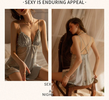 Satin Nightgown Front Buckle Lace Spaghetti Strap Night Dress Pajamas Women's Sleepwear Ice Silk Nightdress with Chest Pad