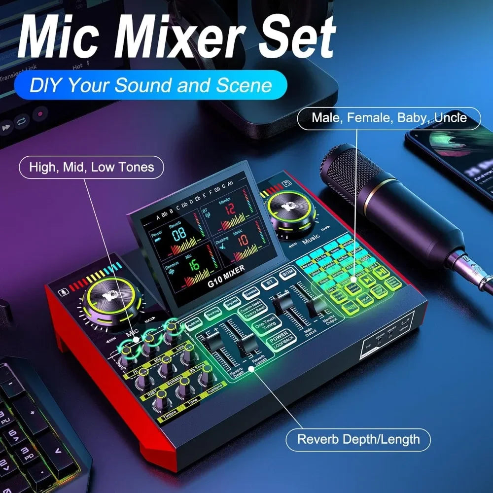 Living-Professional Condenser Microphone Kit with Audio Mixer Live Sound Card for PC Streaming Podcasting Gaming Voice Changer-S