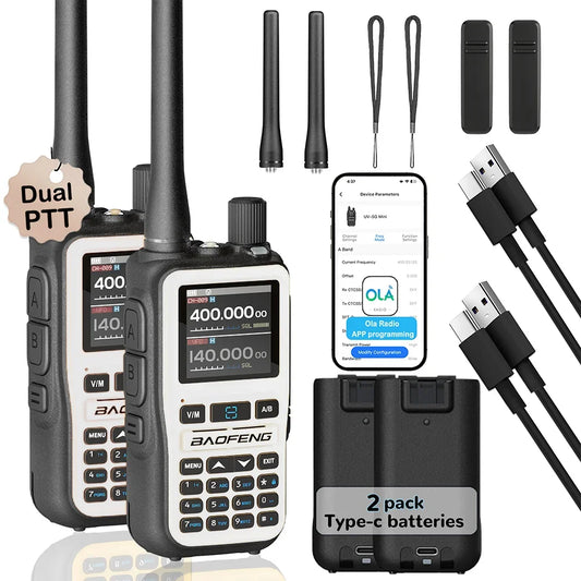 2 Pack BAOFENG UV-5R Mini 5W 999CH Dual Band Two Way Radio, Bluetooth APP Programming, NOAA Alert, Type-C Fast Charging, White/P
