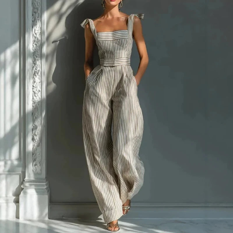 Casual Sleeveless Wide Leg Pants Romper Women Fashion High Waist Pocket Playsuits Elegant Striped Print Commute Long Jumpsuits