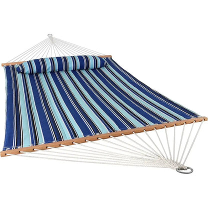Quilted Double Hammock or Outside with Spreader Bars and Pillow - 450 lb acity, 74x55 Inch Bed, UV Resistant, Quick Dry - Chains