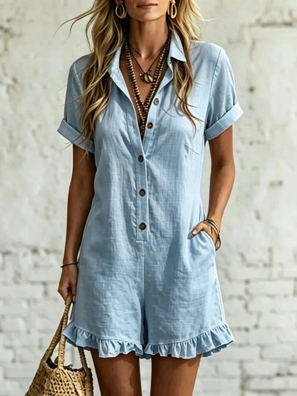 2026 New Women Lapel Short Sleeve Solid One-Piece Romper Fashion Ruffles Patchwork Loose Casual Button Pockets Shorts Jumpsuit