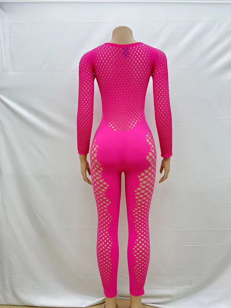 FHSEER Women's Plus Size Sexy Jumpsuit Fishnet Hollow Out Bodycon Long Sleeve Stretchy Jumpsuit Sexy Club Party Outfit