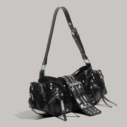 Women's Y2k Punk Vintage Shoulder Purse PU Leather Gothic Rivet Handbag Waist Bag Luxury Black Cross Body Bags with Spikes