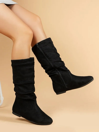 Fashion Faux Suede Mid-calf Boots for Women Plus Size Autumn and Winter New Round Toe Side Zipper Pleated Flat Boots Botas Mujer