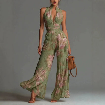 Women Elegant Chiffon Sleeveless Jumpsuit High Waist Pleated Flowy Wide Leg One Piece Overalls Holiday Casual Streetwear Rompers