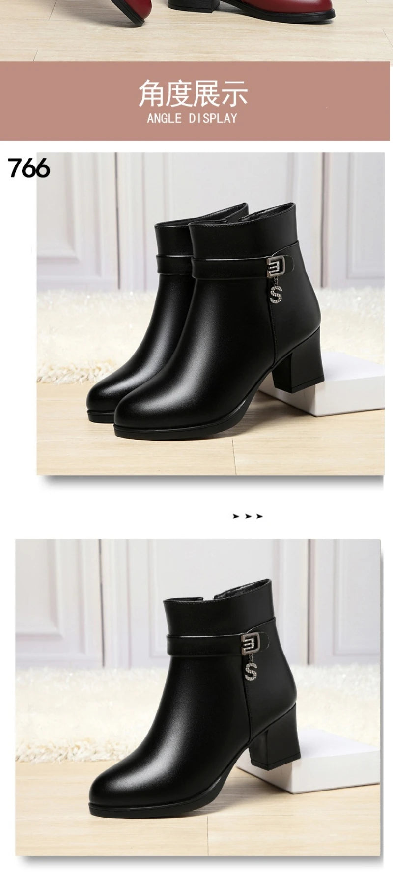 High-Heeled Leather Shoes Spring Single Shoes Thick Heel Thick Sole Slip-On Women's Shoes Square Toe Middle-Aged Mother's Shoes