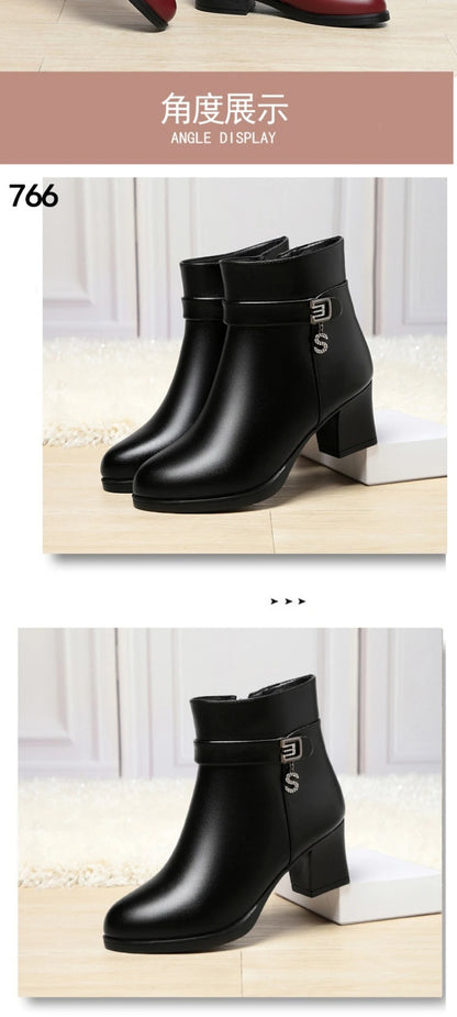 High-Heeled Leather Shoes Spring Single Shoes Thick Heel Thick Sole Slip-On Women's Shoes Square Toe Middle-Aged Mother's Shoes
