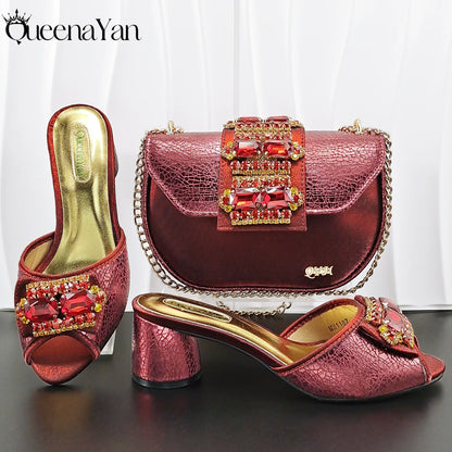 Hot Selling Fashion Mature  Brushed Style Rainbow Color Rhinestone Decoration Design Party Wedding Lady High Heels and Bag Set