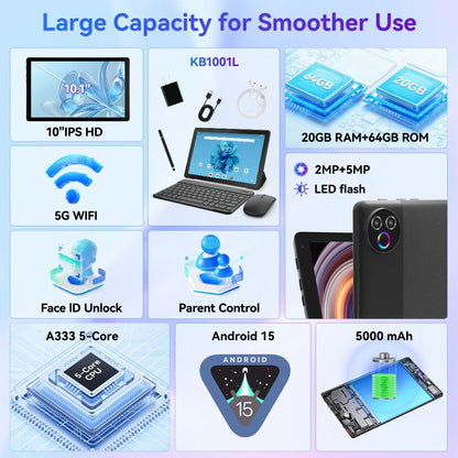 URAO Android 15 Tablet 10.1 Inch 20GB RAM 64GB ROM 5-core Dual Camera Tablets PC Set Keyboard/Case/Mouse/Stylus/Headphone