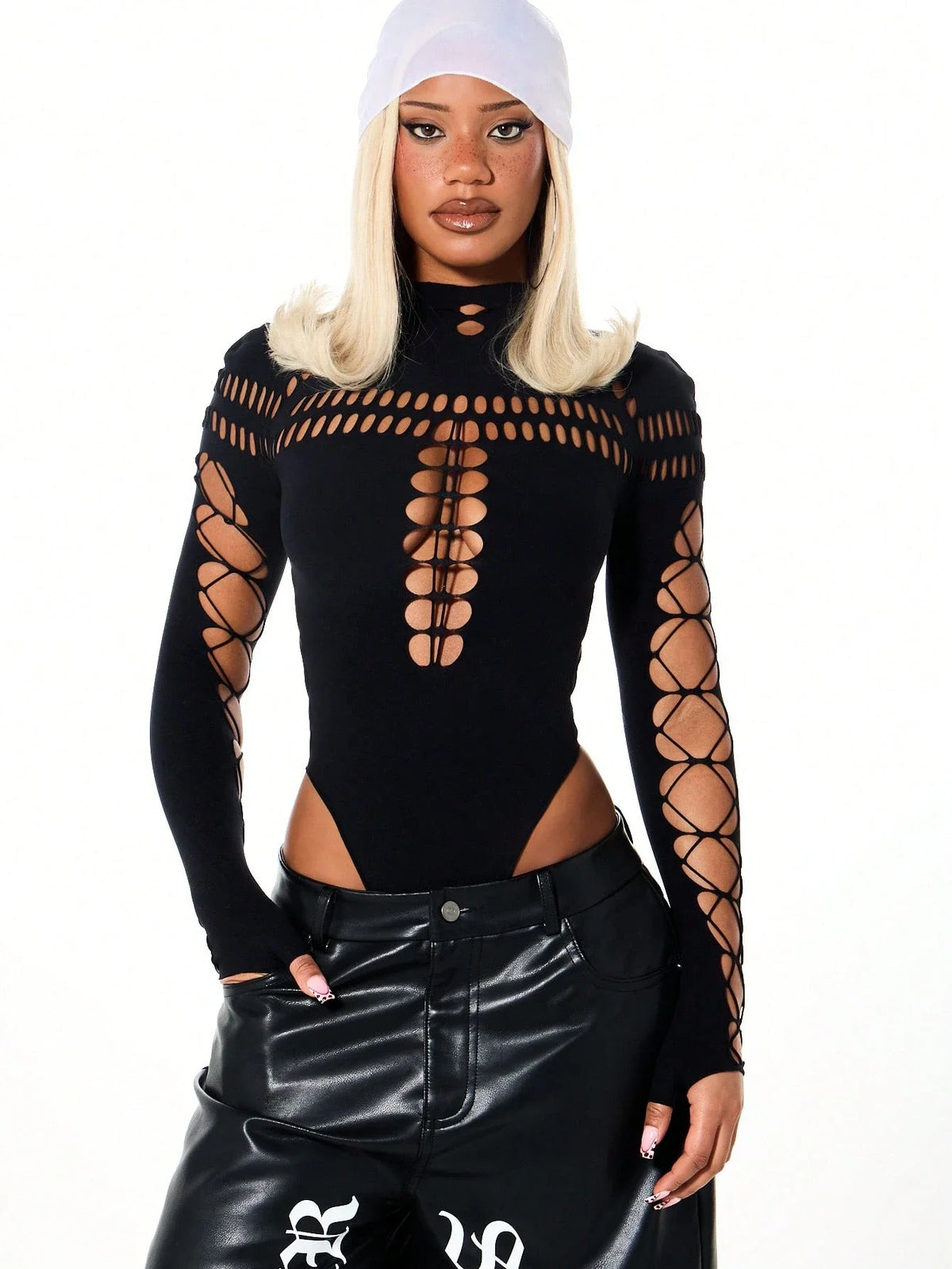 FHSEER SummerWomen's Y2K Sexy Bodysuit High Neck Bodycon Front Cutout & Lace-up Mesh Sleeve Stretchy Edggy Clubwear Streetwear