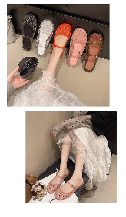 Women's Light Luxury Crystal Jelly Mary Jane Flat Sandals Hollow-out Breathable Closed Toe Summer Casual Non-slip Slip-on Shoes